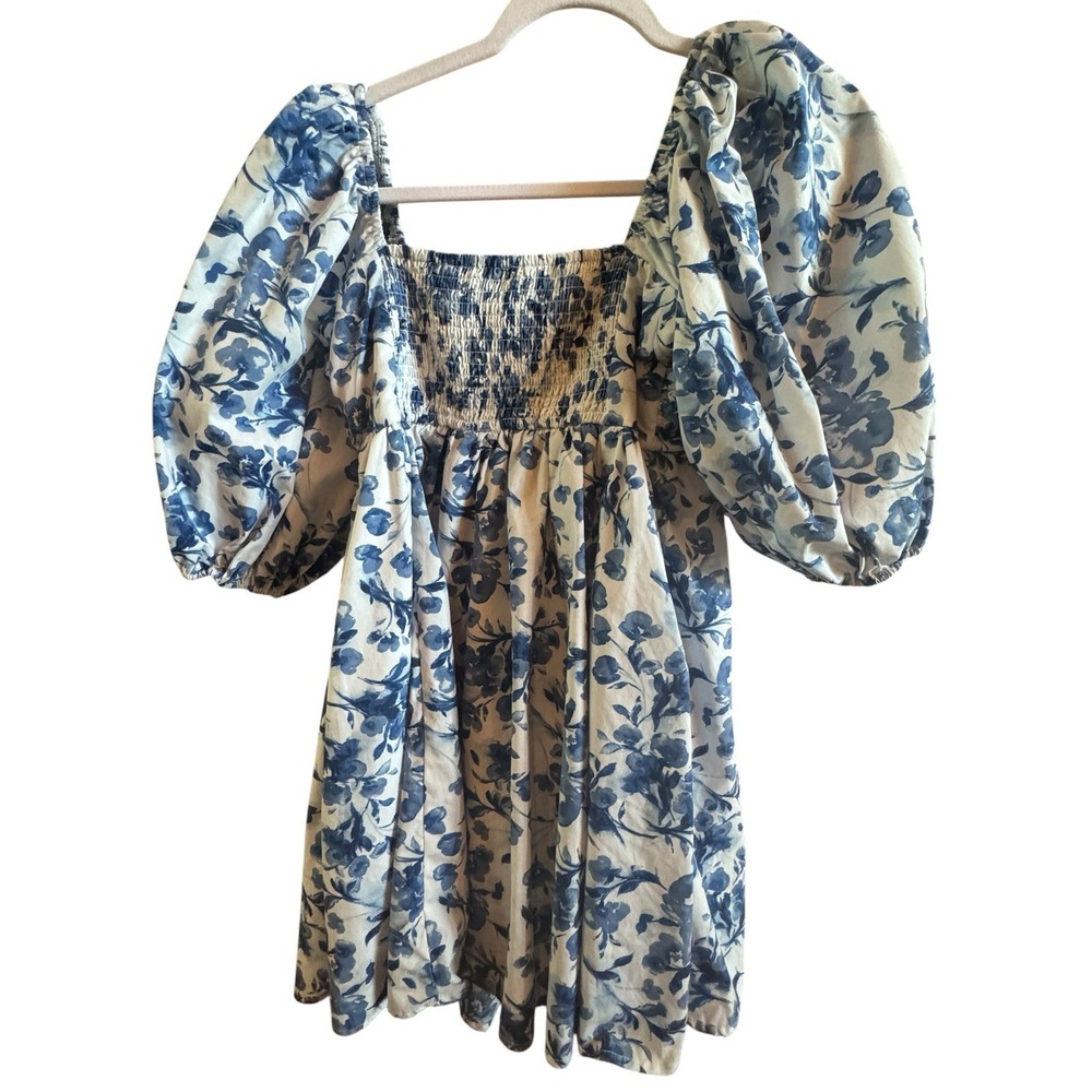 Abercrombie Fitch Emerson Poplin Puff Sleeve Sz S Mini Dresss Blue White Floral